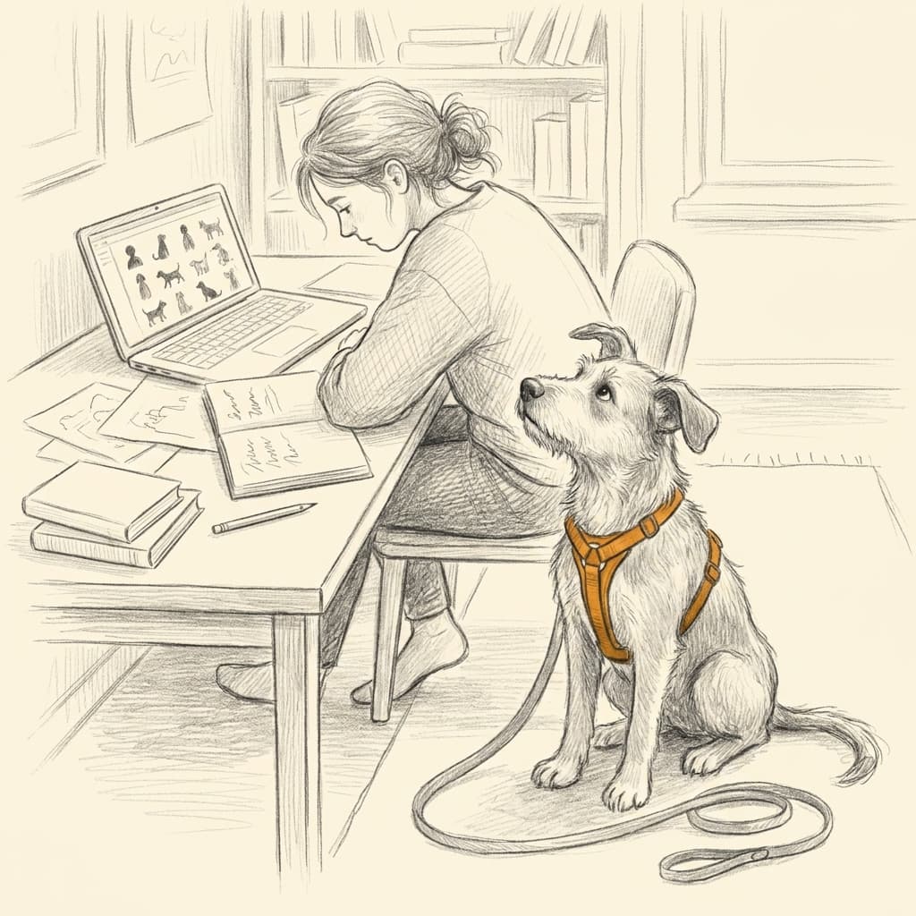Bleistift-Illustration: Hundetrainerin lernt online am Laptop, ihr Hund liegt daneben — die Willenskraft Online-Ausbildung